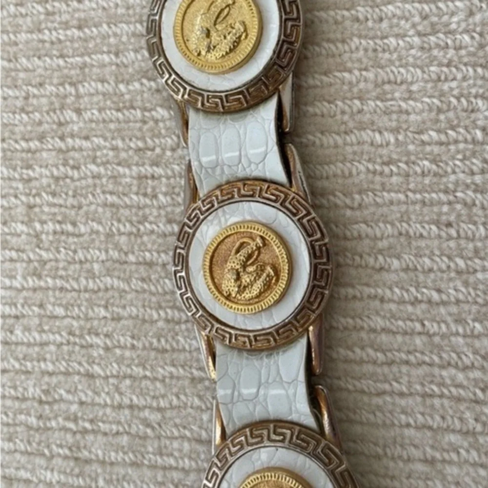 White Leather And Gold Belt With Leopard Medallions